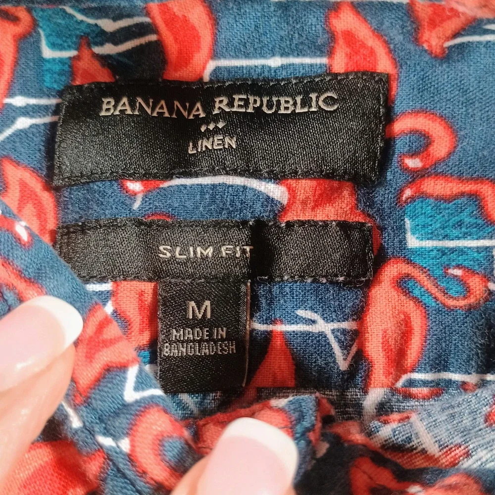 Banana Republic Mens Slim Fit Linen Flamingo Print Navy Blue Medium Short Sleeve